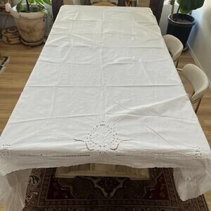 Imperial Elegance White Cotton Tablecloth 98" x 86" Embroidered Cut-out Details